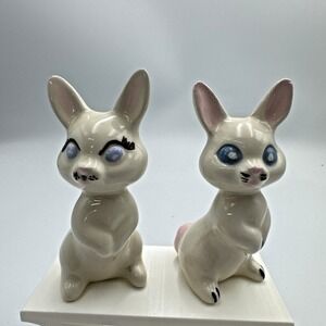 Vintage Pair White Ceramic 3" Bunny Rabbits🐇 With Blue Eyes and Pink Tails